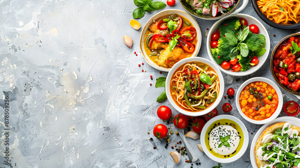 Assortment of healthy food dishes. Top view. Free space for your text Assortment of healthy food dishes. Top view. Free space for your text