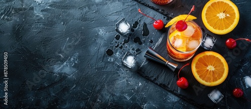 Top view of a cocktail set featuring a Tequila Sunrise cocktail, with orange slices, ice cubes, maraschino cherries, and a jigger on a black slate tray with copy space image. photo