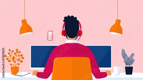 Back view of a man working on a computer in a home office.