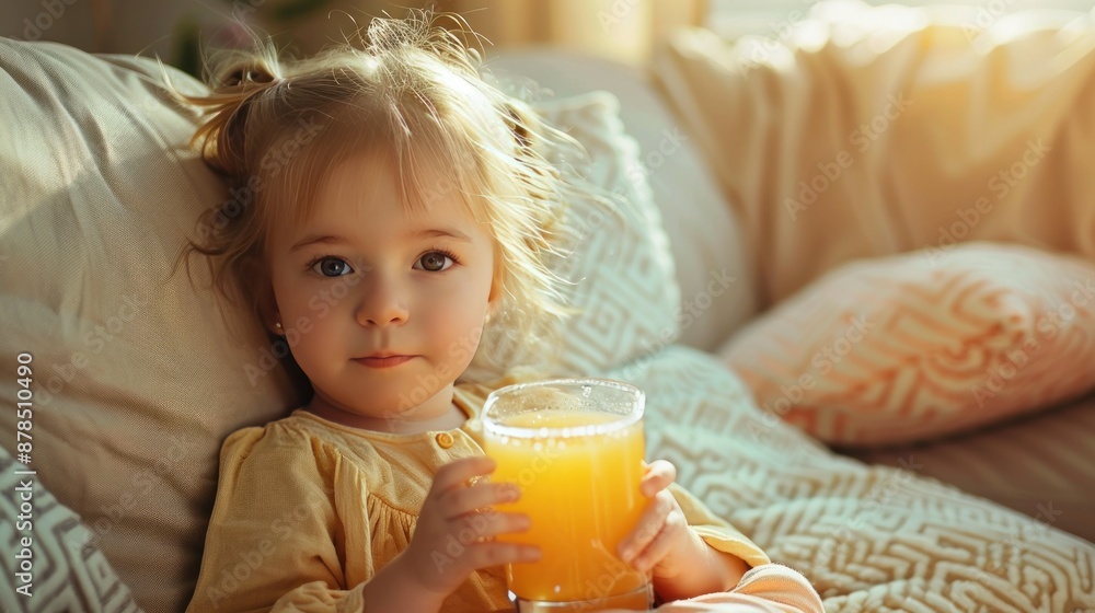 Little Girl Sitting With Glass of Orange Juice wide angle lens Little Girl Sitting With Glass of Orange Juice wide angle lens