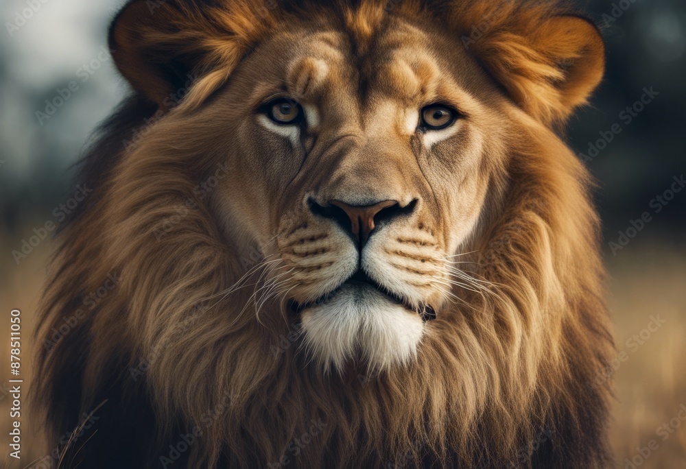 Naklejka premium zoology natural lion warm mammal portrait white beautiful leader king brown fur dark beast power