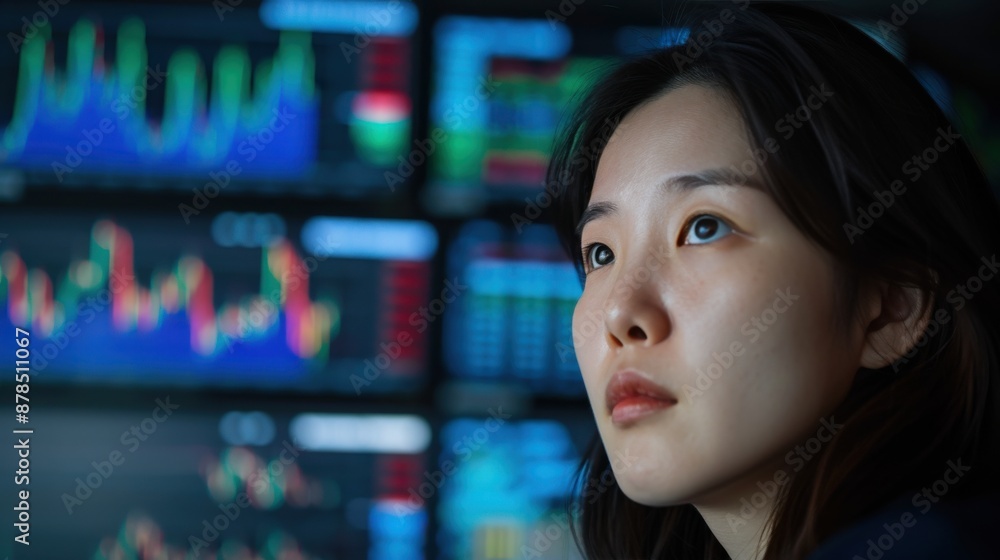 Focused woman analyzing stock market data on multiple screens. Focused woman analyzing stock market data on multiple screens.