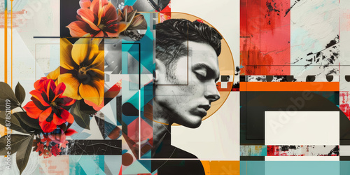 Abstract Portrait with Floral Accents and Modern Geometric Patterns