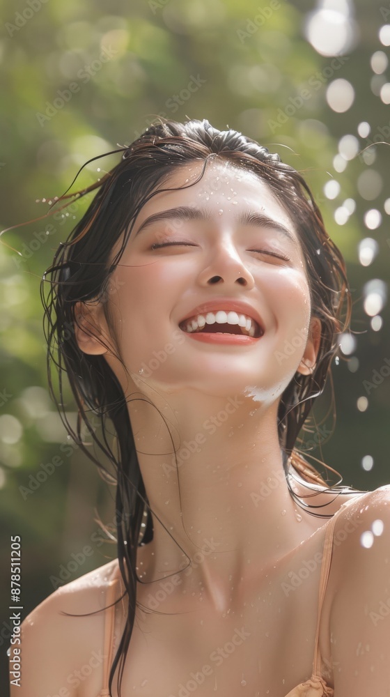 A beautiful Thai woman laughs with eyes closed, water droplets glistening on her skin A beautiful Thai woman laughs with eyes closed, water droplets glistening on her skin