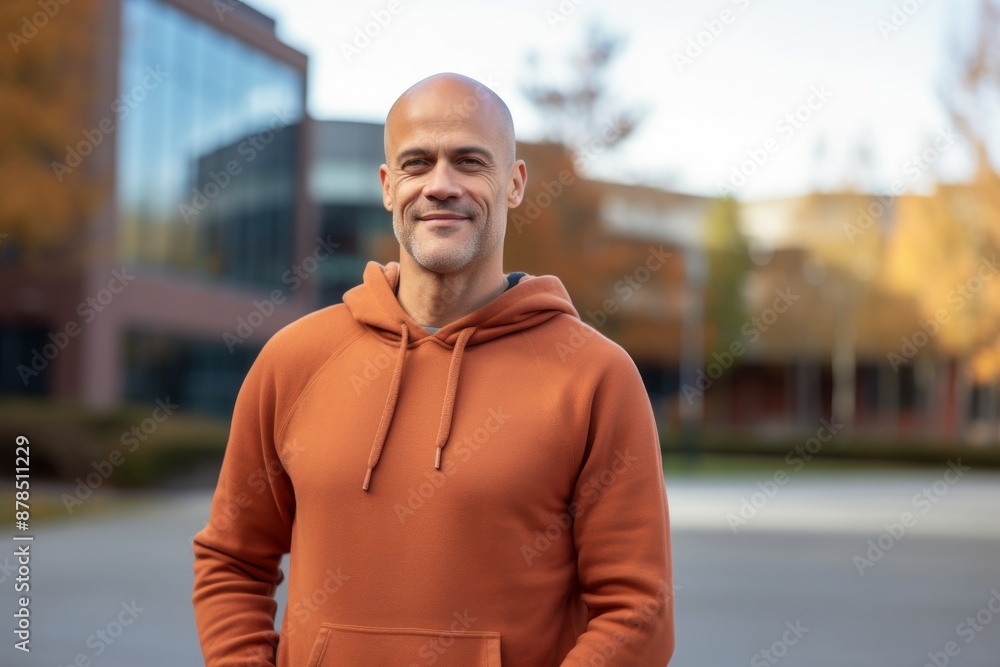 Obraz premium Portrait of a glad man in his 40s dressed in a comfy fleece pullover isolated on modern university campus background