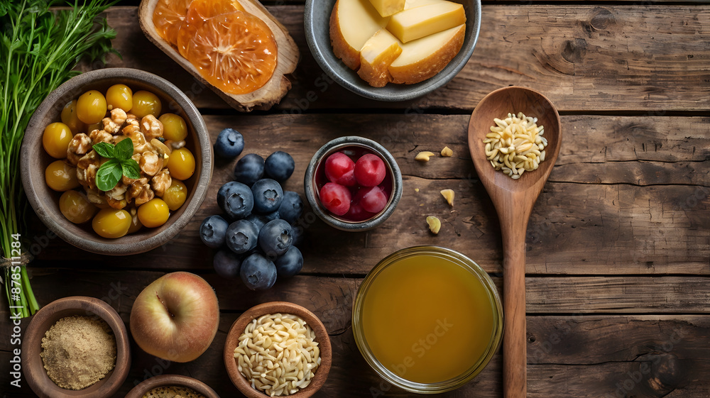Selection of healthy food on rustic wooden background Selection of healthy food on rustic wooden background