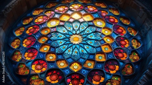 Stunning circular stained glass window with a blue and gold color palette illuminating the interior of a church with warm sunlight