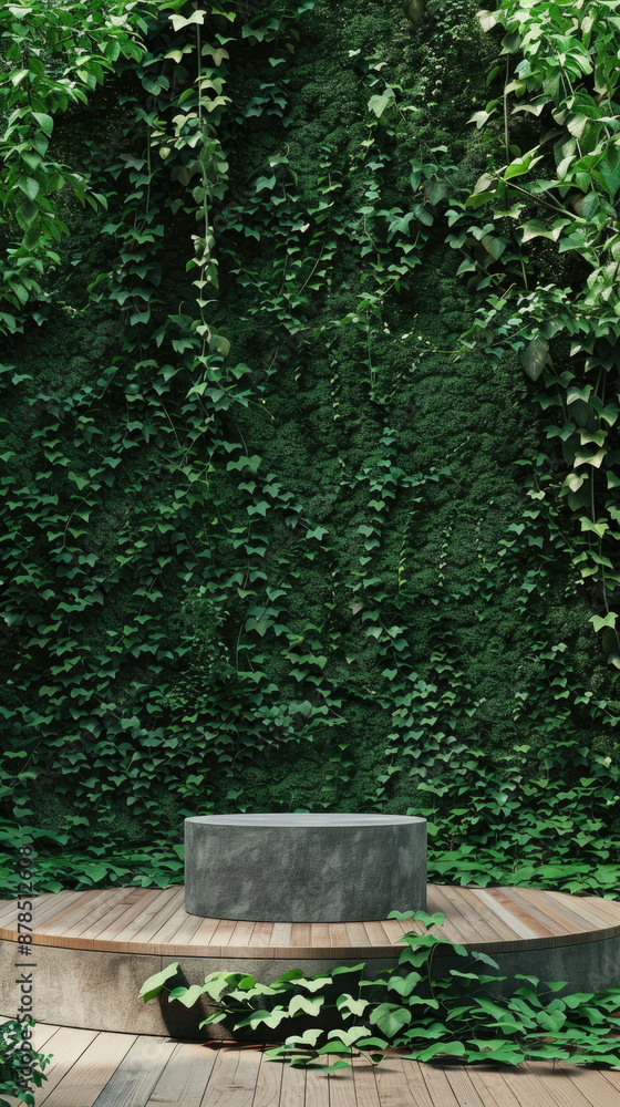 A wooden platform with a stone pedestal in front of a lush green wall of foliage. A wooden platform with a stone pedestal in front of a lush green wall of foliage.