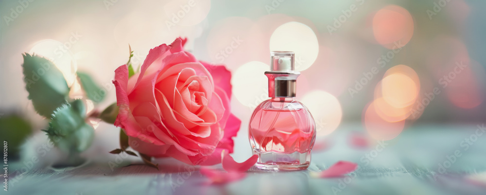 Pink rose and perfume bottle on light blue surface with soft bokeh lights Pink rose and perfume bottle on light blue surface with soft bokeh lights