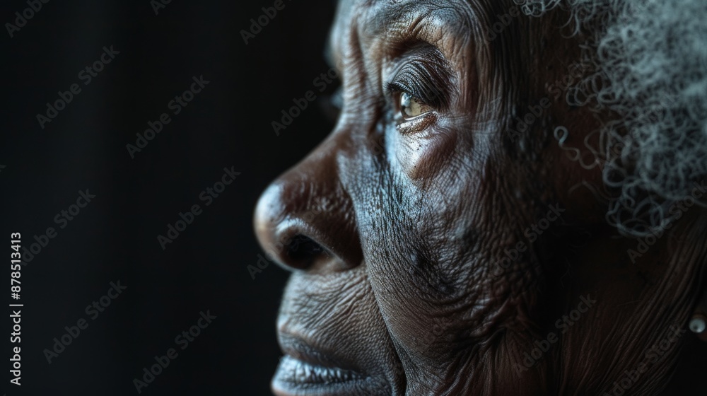 Close-up profile of a senior black woman with white hair showing the effects of time on her face while gazing hopefully into the distance Close-up profile of a senior black woman with white hair showing the effects of time on her face while gazing hopefully into the distance
