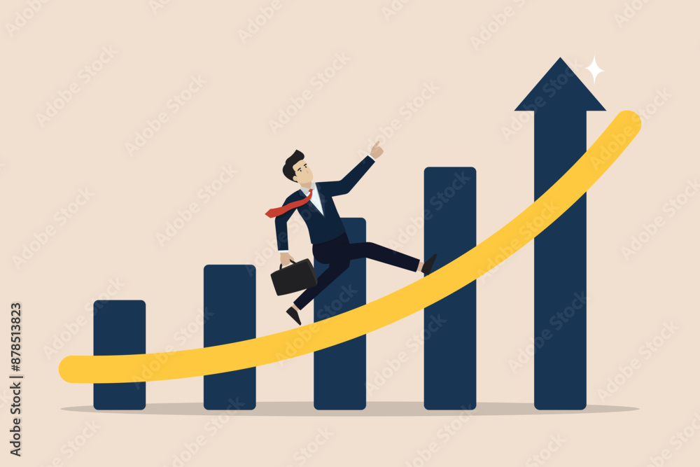 Economic prosperity, business profit growth or career path, business growth concept, smart businessman running on bar graph towards success. Economic prosperity, business profit growth or career path, business growth concept, smart businessman running on bar graph towards success.
