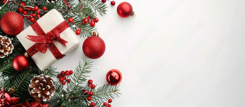 White background adorned with Christmas decorations, showcasing a Christmas present in a flatlay composition, creating a symbolic copy space image. White background adorned with Christmas decorations, showcasing a Christmas present in a flatlay composition, creating a symbolic copy space image.