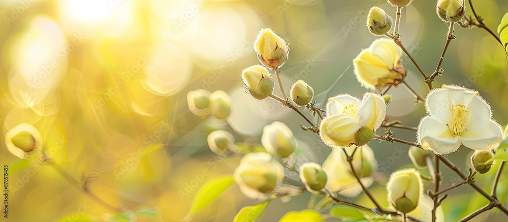 Tree cotton, or Gossypium barbadense, featured blooming yellow flowers during the daytime against a blurred backdrop with copy space image. Tree cotton, or Gossypium barbadense, featured blooming yellow flowers during the daytime against a blurred backdrop with copy space image.