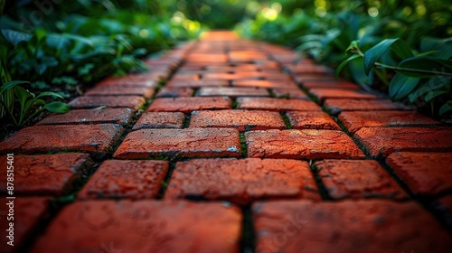  A brick pathway surrounded by lush greenery and foliage, captured in close detail, with a gently blurred background focusing on the rich red hue of the bricks