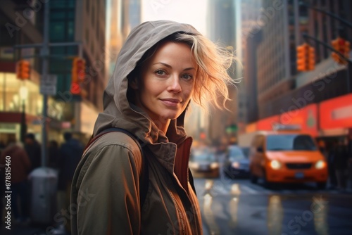 Portrait of a glad woman in her 40s sporting a comfortable hoodie on bustling city street background