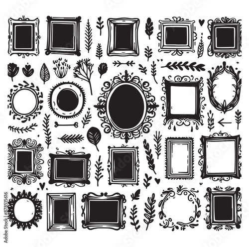 Set of nine ornate black and white frames silhouette vector