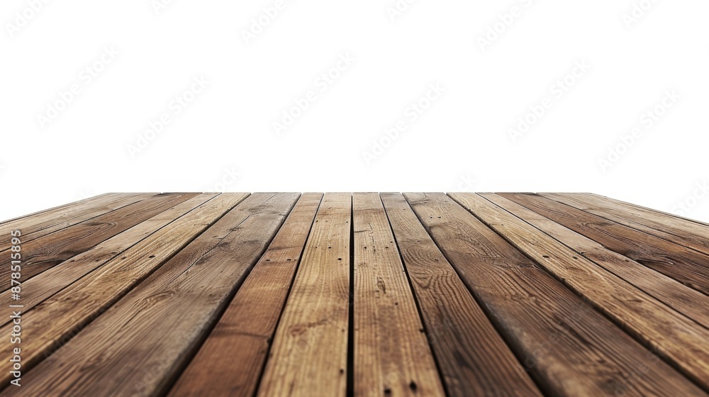 Empty wooden deck with tablecloth on a white background Empty wooden deck with tablecloth on a white background