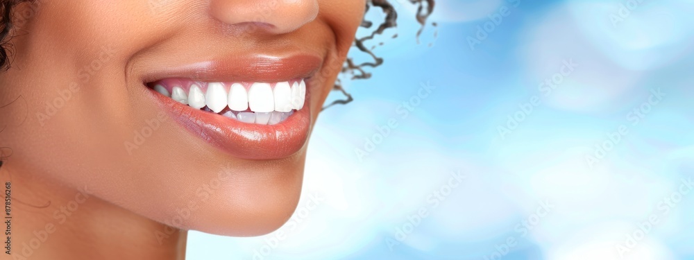 Obraz premium Close-up of a woman's bright white smile, showcasing healthy teeth and a joyful expression against a blurred blue background. Concept of dental care, beauty, and confidence.