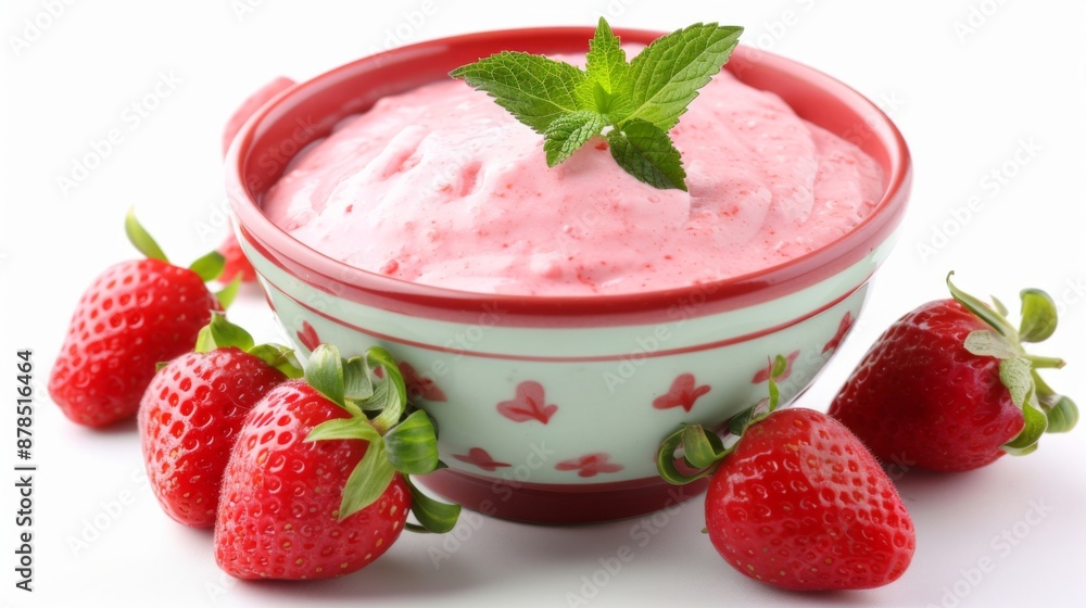 Strawberry yogurt in a bowl on a white background Strawberry yogurt in a bowl on a white background