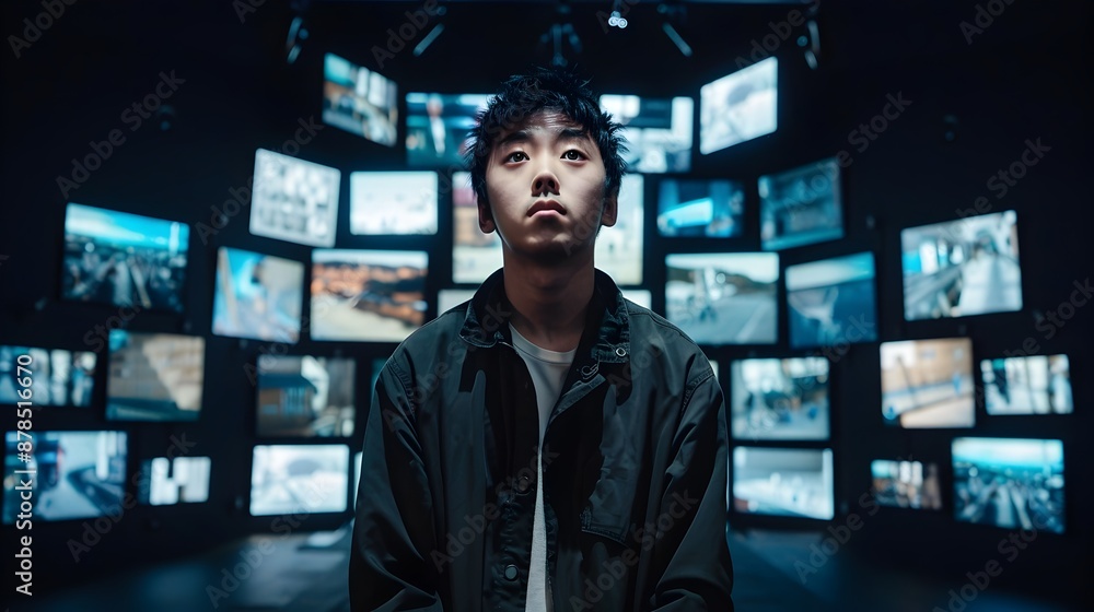 Introspective Asian Man in Futuristic City Surveillance Surrounded by Screens Introspective Asian Man in Futuristic City Surveillance Surrounded by Screens