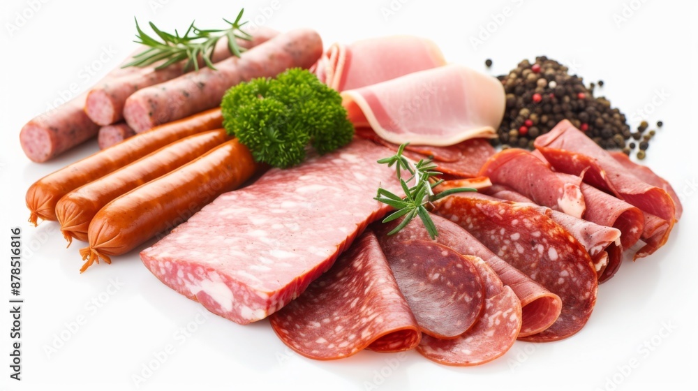 Assorted slices of different sausages and ham on a white background Assorted slices of different sausages and ham on a white background