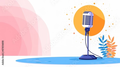 Vintage microphone on a stand with a pink and blue background