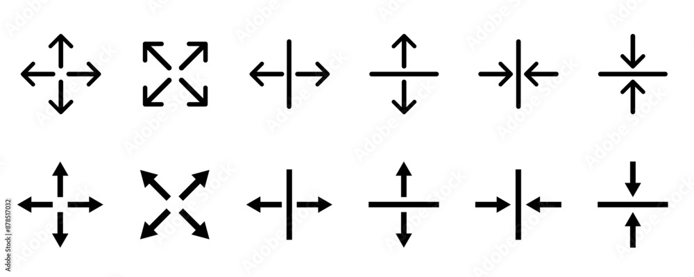 Expansion icon. Arrow symbols. Arrow vector icon with different four dirrections. Arrows indicating up, down, right and left. Arrows collection on white background. Expansion icon. Arrow symbols. Arrow vector icon with different four dirrections. Arrows indicating up, down, right and left. Arrows collection on white background.