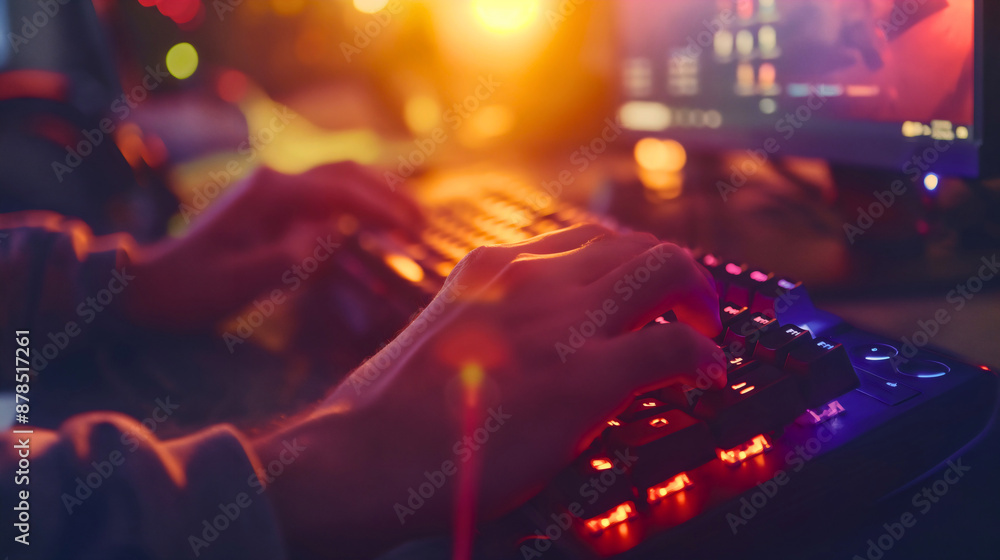 Close up man's hands typing on modern, gaming RGB colorful led keyboard on desktop in front of computer, pc monitor, concept of playing online video games, electronic entertainment, technology. Close up man's hands typing on modern, gaming RGB colorful led keyboard on desktop in front of computer, pc monitor, concept of playing online video games, electronic entertainment, technology.