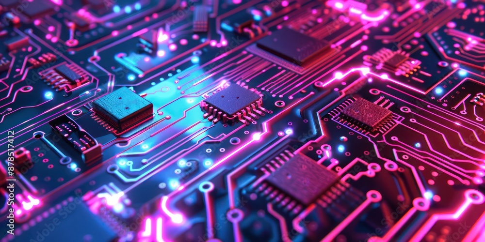 Digital circuit board pattern with neon highlights. Digital circuit board pattern with neon highlights.