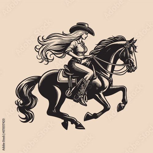 Beautiful young   cowgirl blonde woman ride horse. Vintage engraving vector illustration, isolated object	