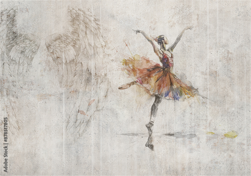 custom made wallpaper toronto digitalBallerina. Wall with wings in the background. Illustration for wallpaper, poster, decoration.