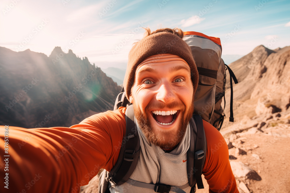 Happy hiker having fun hiking mountains - Active young man taking selfie pic with smart mobile phone device outdoors - Action cam, extreme sports and summertime holidays concept Happy hiker having fun hiking mountains - Active young man taking selfie pic with smart mobile phone device outdoors - Action cam, extreme sports and summertime holidays concept
