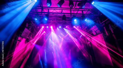 Dynamic stage lights illuminating a concert venue with intense blue and pink beams.