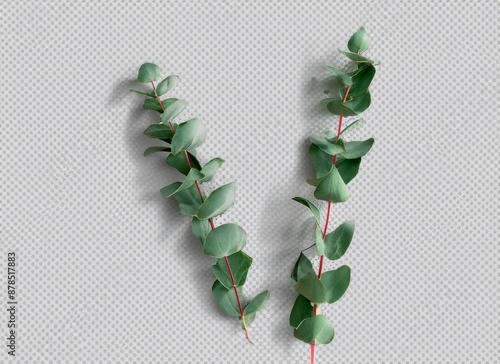 two eucalyptus twigs isolated over white background, natural design elements or props for flatlays and digital floristry, top view . High quality photo photo