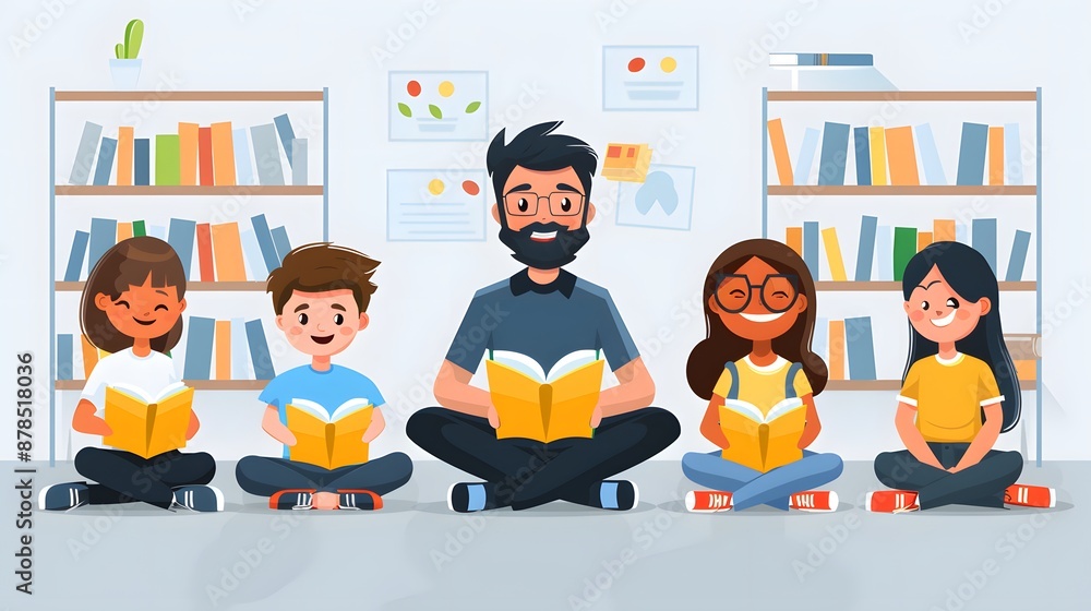 A man is reading a book to a group of children A man is reading a book to a group of children