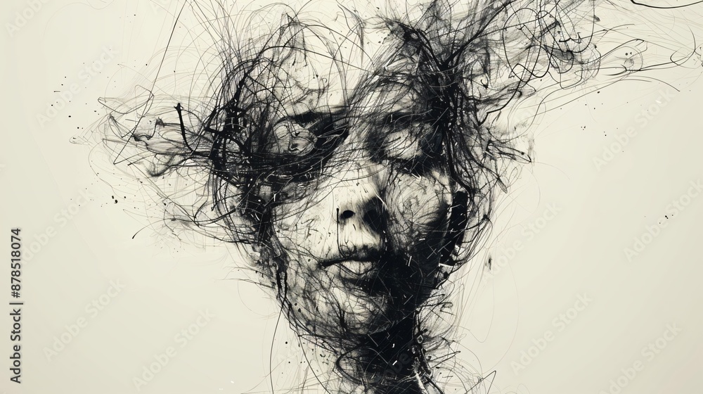 Abstract portrayal of a woman in black and white with minimal lines and expressive forms highlighting her emotional depth Abstract portrayal of a woman in black and white with minimal lines and expressive forms highlighting her emotional depth