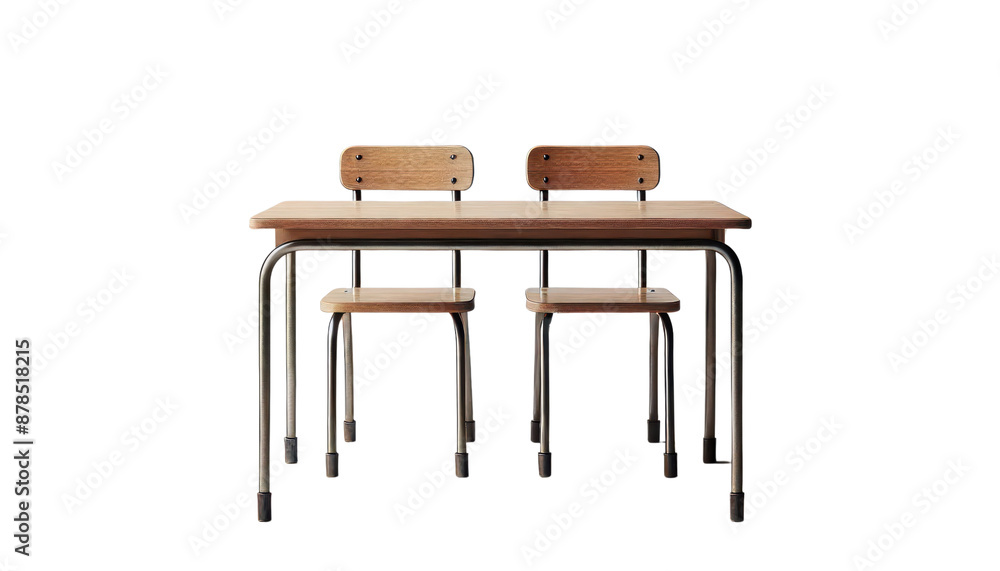 School desk and chairs isolated on white, transparent, classroom furniture for students School desk and chairs isolated on white, transparent, classroom furniture for students