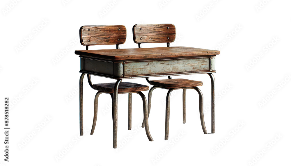 School desk and chairs isolated on white, transparent, classroom furniture for students School desk and chairs isolated on white, transparent, classroom furniture for students