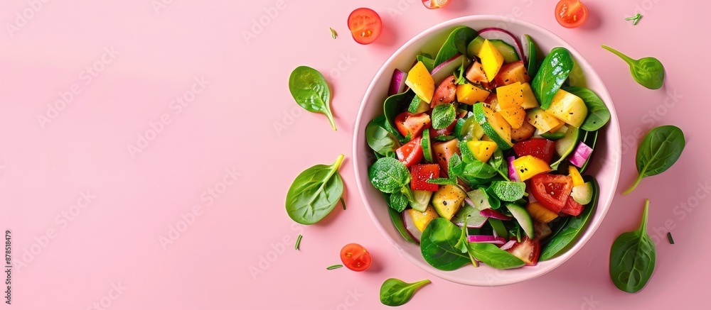 Healthy vegan food - a fresh vegetable salad in a biodegradable bowl on a pink background, with copy space image. Healthy vegan food - a fresh vegetable salad in a biodegradable bowl on a pink background, with copy space image.