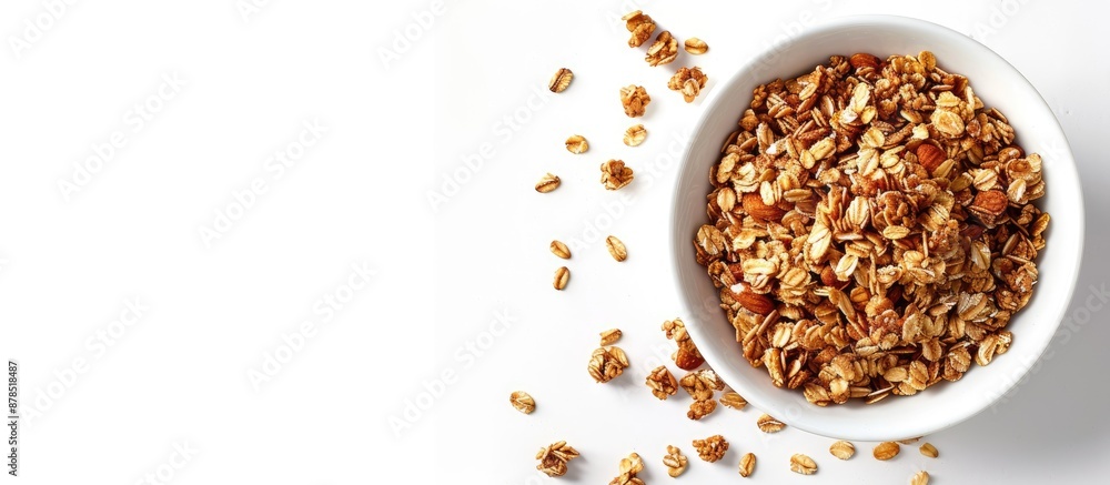 Granola cereal with nuts on a white background with copy space image. Granola cereal with nuts on a white background with copy space image.