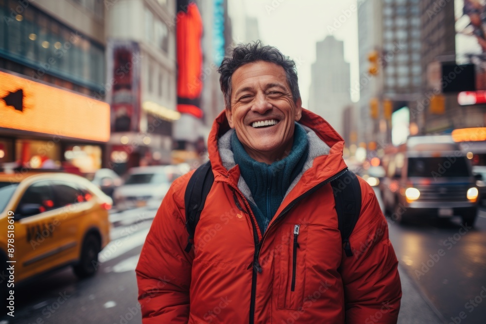 Portrait of a joyful man in his 50s donning a durable down jacket isolated in bustling city street background Portrait of a joyful man in his 50s donning a durable down jacket isolated in bustling city street background