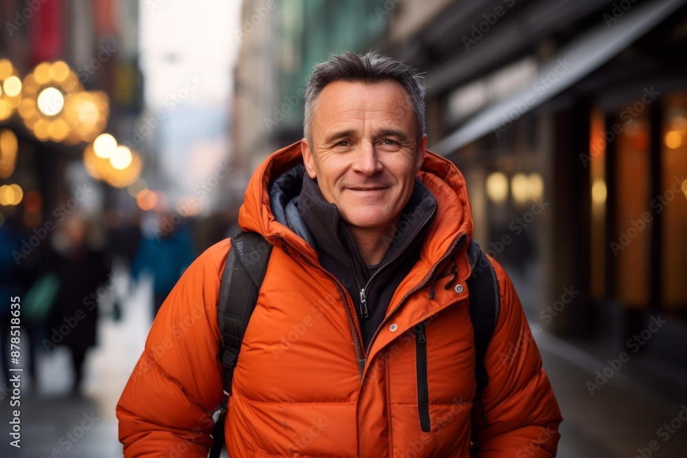 Portrait of a joyful man in his 50s donning a durable down jacket while standing against bustling city street background Portrait of a joyful man in his 50s donning a durable down jacket while standing against bustling city street background