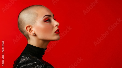 Bold woman in black dress with shaved head exudes glamcore fashion