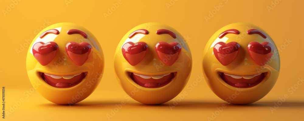Three yellow emojis with heart eyes and big smiles are standing on an orange background. This illustration is ideal for projects related to love, relationships, and positive emotions Three yellow emojis with heart eyes and big smiles are standing on an orange background. This illustration is ideal for projects related to love, relationships, and positive emotions