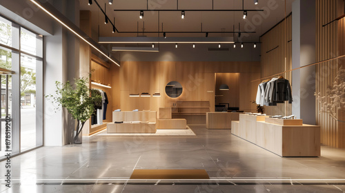 Modern minimalist clothing store design, blending natural wood aesthetics with urban chic