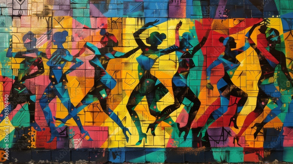 Fototapeta premium Colorful and vibrant street art mural depicting a group of women dancing, painted on a brick wall. The artwork celebrates female empowerment, diversity, and the power of art in public spaces