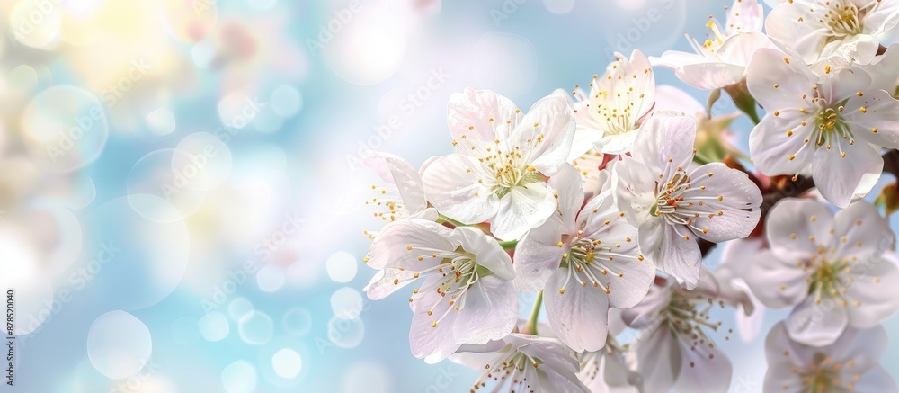 White cherry blossoms on a Prunus Tai-Haku tree branch in warm spring sunshine against a light blue sky; features a backdrop suitable for text in a photo. image with copy space White cherry blossoms on a Prunus Tai-Haku tree branch in warm spring sunshine against a light blue sky; features a backdrop suitable for text in a photo. image with copy space