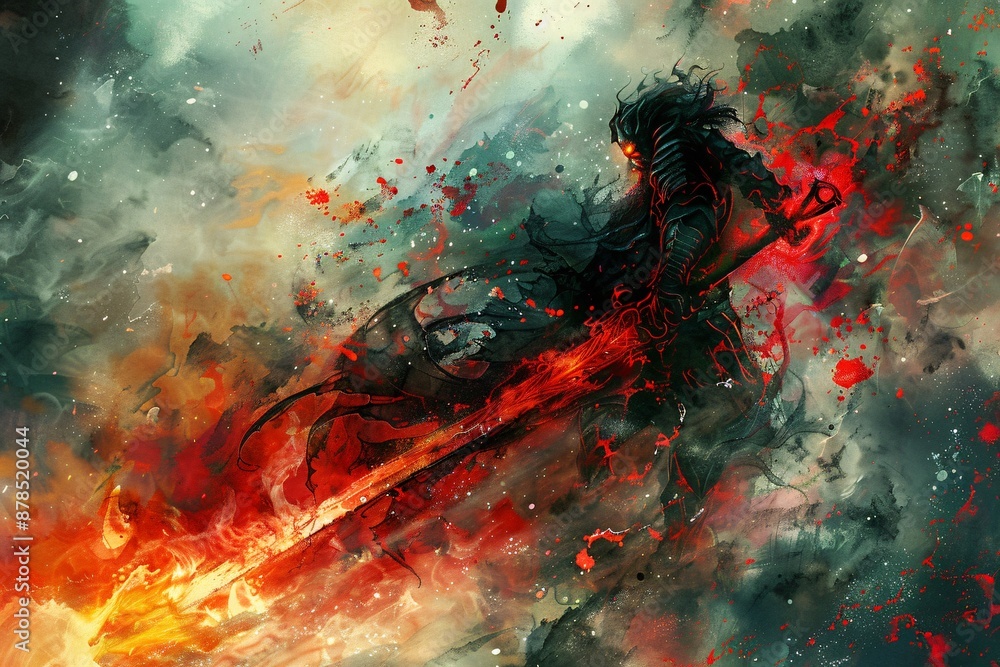 Abstract scene of a knight wielding a sword against a dragon with dynamic lines and bold colors creating a sense of urgency and drama Abstract scene of a knight wielding a sword against a dragon with dynamic lines and bold colors creating a sense of urgency and drama