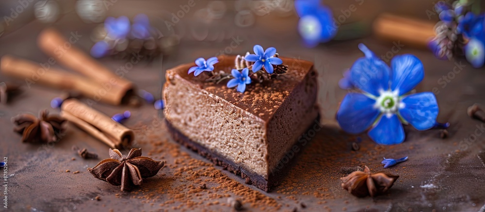 Selective focus on a small piece of chocolate cheesecake on a brown table with blue flowers and cinnamon, with copy space image incorporated. Selective focus on a small piece of chocolate cheesecake on a brown table with blue flowers and cinnamon, with copy space image incorporated.