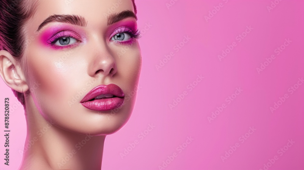 A model's face, with pink eyeshadow and lips, stands out against a bright pink backdrop A model's face, with pink eyeshadow and lips, stands out against a bright pink backdrop